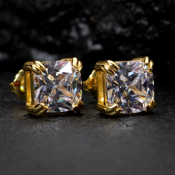 Yellow Gold Plated 925 Sterling Silver Cushion Cut Screw Back Stud Earrings - Picture 1 of 5